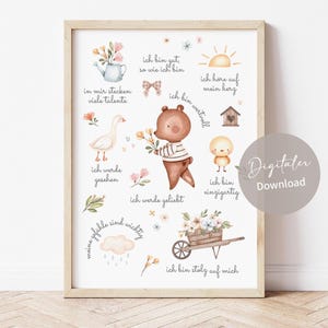 Póster de afirmaciones, póster familiar, pensamientos positivos, empoderamiento infantil, póster infantil, afirmaciones, oso, pato, flores, jardín, primavera