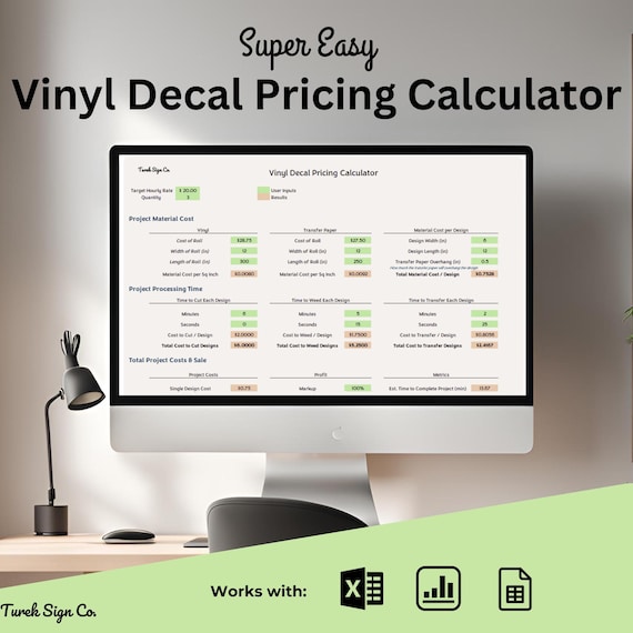 Decal Pricing Calculator: Vinyl, HTV (XLSX File, Sheets & Numbers compatible)