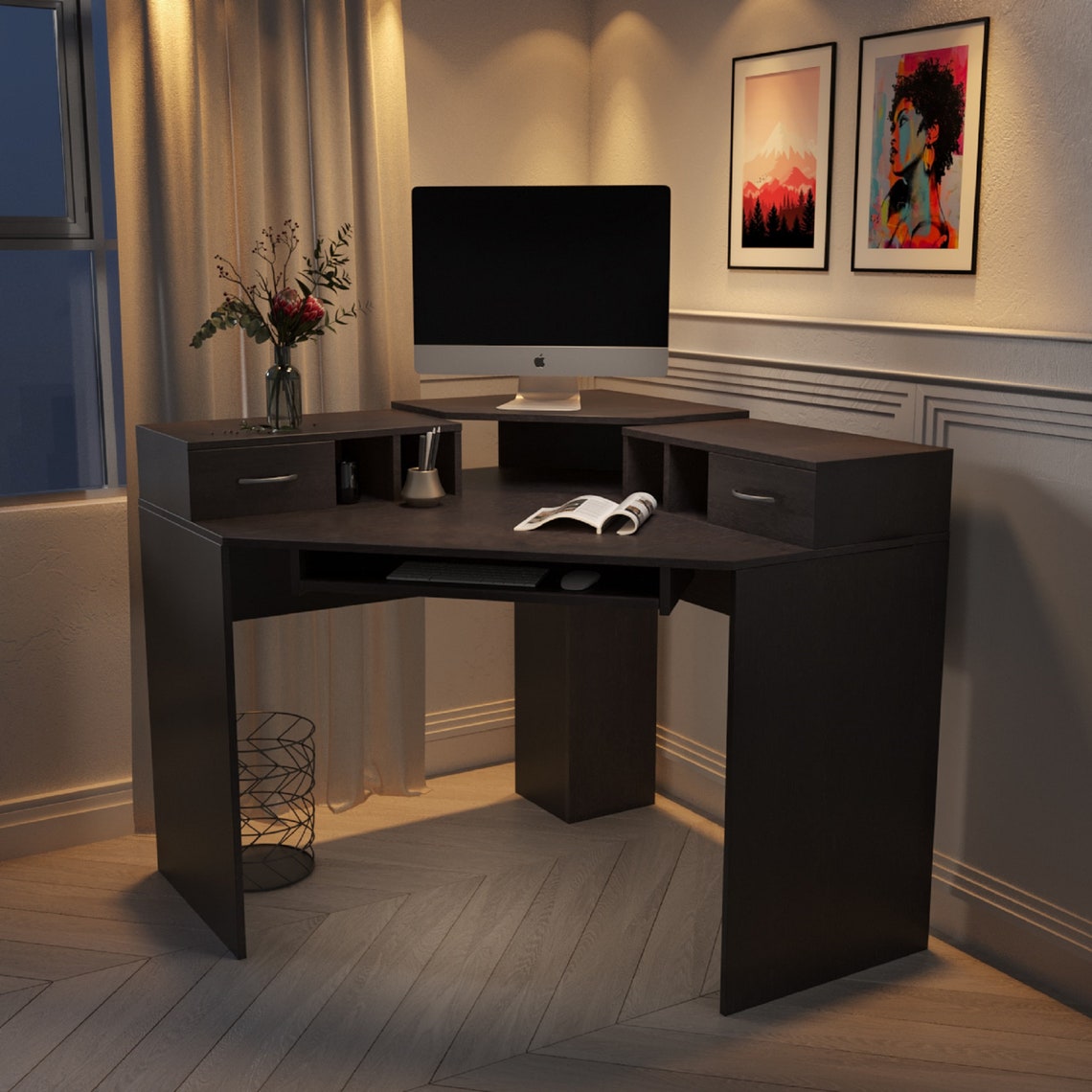 Corner Computer Desk With Raised Monitor Platform and Keyboard Etsy