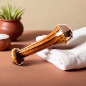 May include: A wooden massage tool with a copper-colored head. The tool has a smooth, polished finish and is resting on a white towel. The background includes a small terracotta pot with a plant and a small ceramic bowl.
