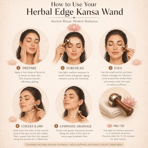 May include: A guide on how to use the Herbal Edge Kansa Wand. The image shows a woman demonstrating the use of the wand on her face, with instructions for forehead, eyes, cheeks, and lymphatic drainage. The wand is made of wood and metal.