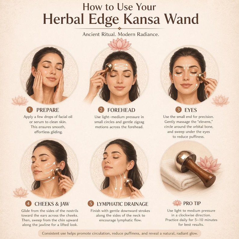 May include: A guide on how to use the Herbal Edge Kansa Wand. The image shows a woman demonstrating the use of the wand on her face, with instructions for forehead, eyes, cheeks, and lymphatic drainage. The wand is made of wood and metal.