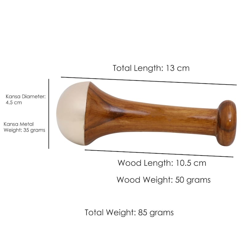 May include: A wooden massage tool with a light-colored, rounded end and a dark brown handle. The total length is 5.1 inches, with a 4.1-inch wood length. The total weight is 3 ounces.