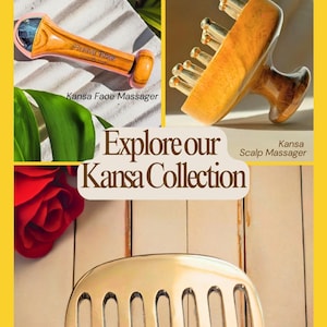 May include: An image showcasing a Kansa collection of face and scalp massagers, and a comb. The face massager is wooden with a roller, the scalp massager has gold-colored prongs, and the comb is gold-colored. The text "Explore our Kansa Collection" is also visible.
