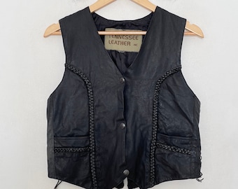 90s BRAIDED SNAP_BUTTON Lined Black LEATHER VEST