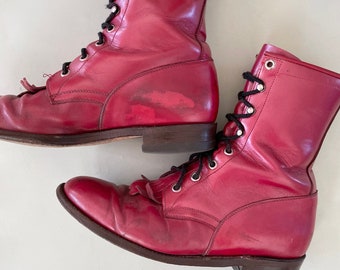 VTG 80s JUSTINS Burgundy Lace up WORK_BOOTS 8