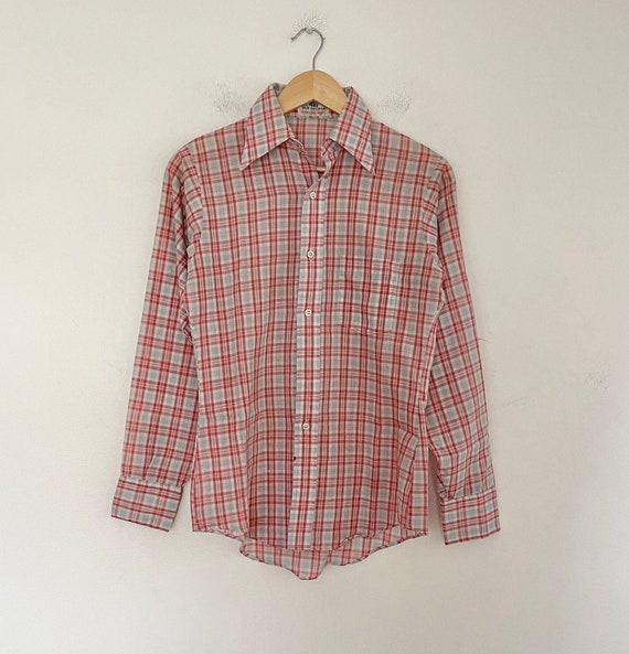 VTG 70s Thin SINGLE STITCH Plaid BUTTON_UP