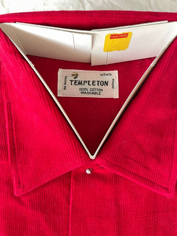 Vtg 60s Deadstock Red CORDUROY Templeton BUTTON-UP - image 2