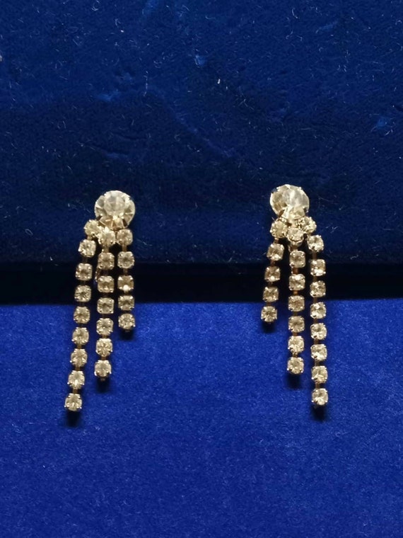 Vintage Clear Rhinestone Drop Dangle Clip-On Earri