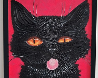 Black Cat Painting, One of a kind Original Painting, Hand Painted Heavy Textured 3D Cat, Cat Wall Art