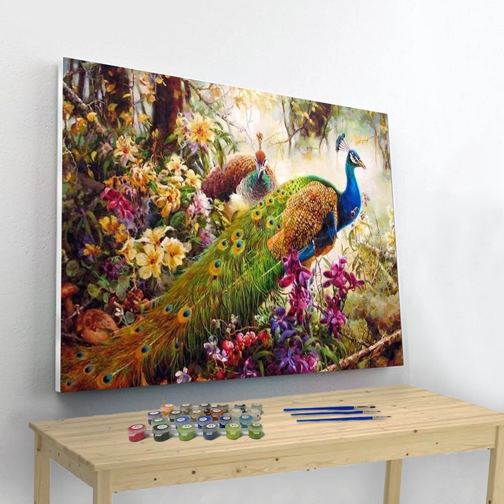 Peacock in A Garden DIY Paint by Numbers Kit Color Painting Etsy
