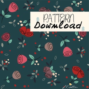 Può includere: Uno sfondo blu-verde con un motivo ripetuto di rose rosse, rosa e viola con foglie verdi e punti bianchi. Il testo "PATTERN Download" è in una casella bianca al centro dell'immagine.