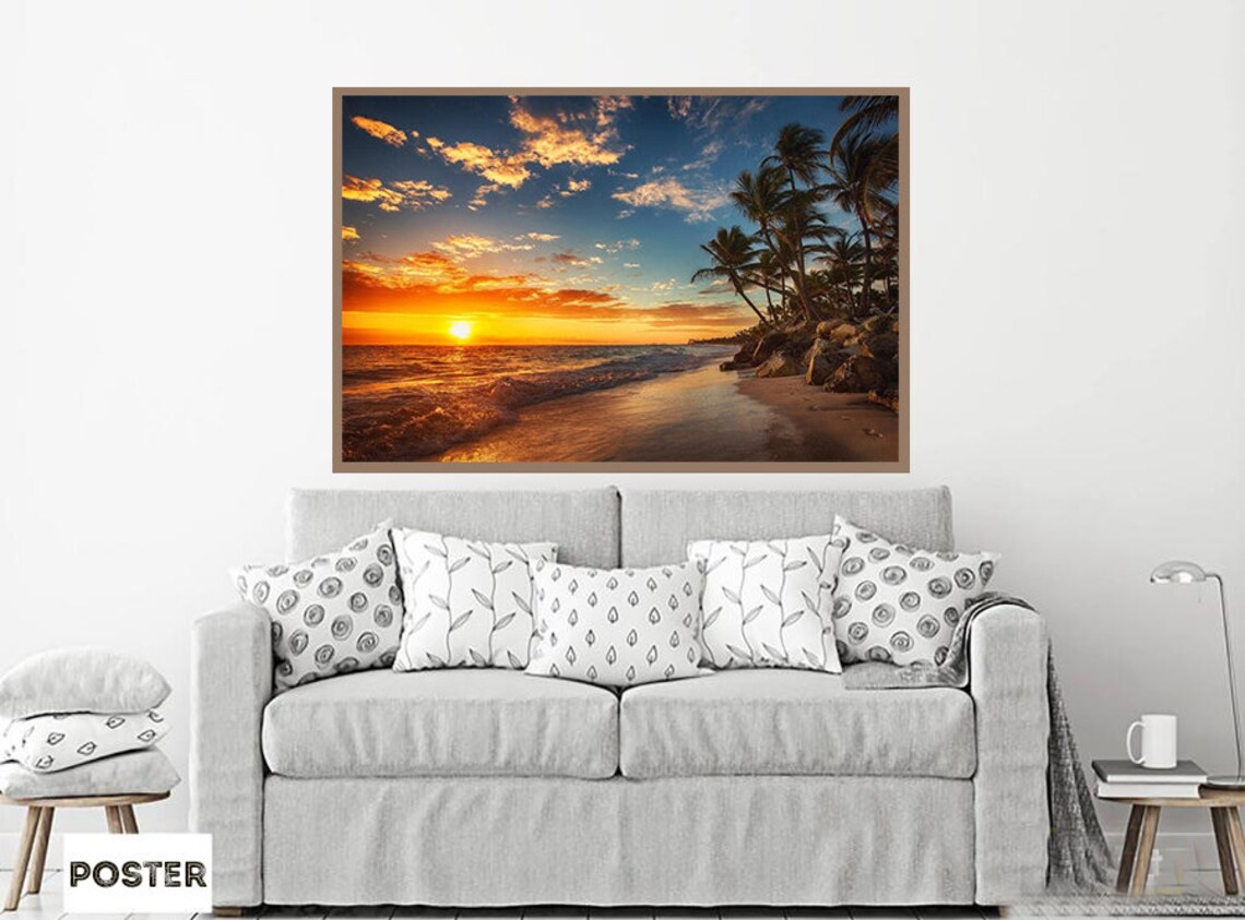 Sunrise Over Tropical Beach Palm Tree Ocean Poster Etsy