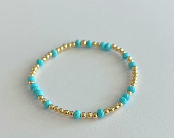 Gold Filled Bead & Turquoise Howlite Beaded Stretch Bracelet | Turquoise and gold elastic stacking bracelet | dainty gemstone gift jewelry