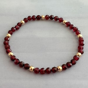 Natural Garnet & Gold Filled Beaded Stretch Bracelet | 4mm Natural Gemstone Red Garnet stone elastic jewelry, semi precious jewelry gift