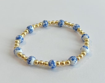 Gold Filled Floral Beaded Bracelet | Porcelain Blue Flower