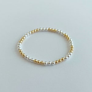 4mm Mixed Metals Half Sterling Silver Half Gold Filled Round Bead Stretch Bracelet | Sterling silver and gold filled stacking bracelet
