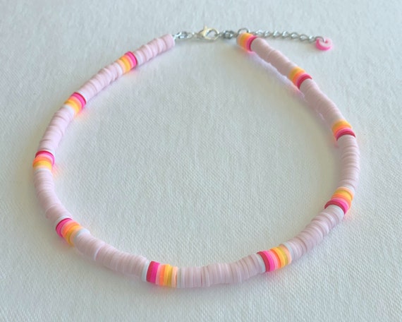 Pink Sunset Heishi Disk Bead Necklace Disk Bead Choker Necklace