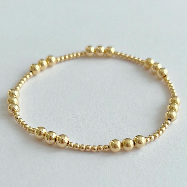 Bracciale elastico con perline riempite in oro 14k da 2 mm e 4 mm / Bracciale elastico impilabile riempito in oro con palline rotonde senza cuciture, gioielli minimalisti e delicati