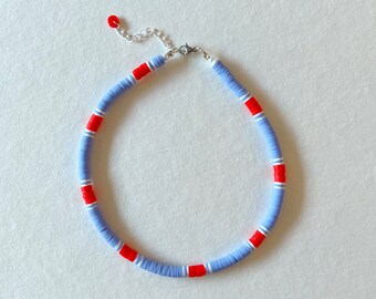 USA Patriotic Beaded Heishi Necklace | 6mm beaded clay polymer choker necklace, Colorful pattern summer jewelry, handmade boho women's gift