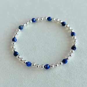 925 Sterling Silver & Lapis Lazuli Natural Gemstone Beaded Stretch Bracelet | Blue Lapis and Silver bead elastic bracelet, affordable gift