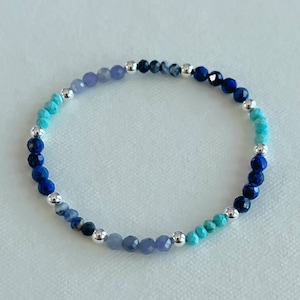 Multi Gemstone Color-block Beaded Stretch Bracelet | 925 Sterling Silver Round bead and Natural stone elastic stacking bracelet, Preppy gift