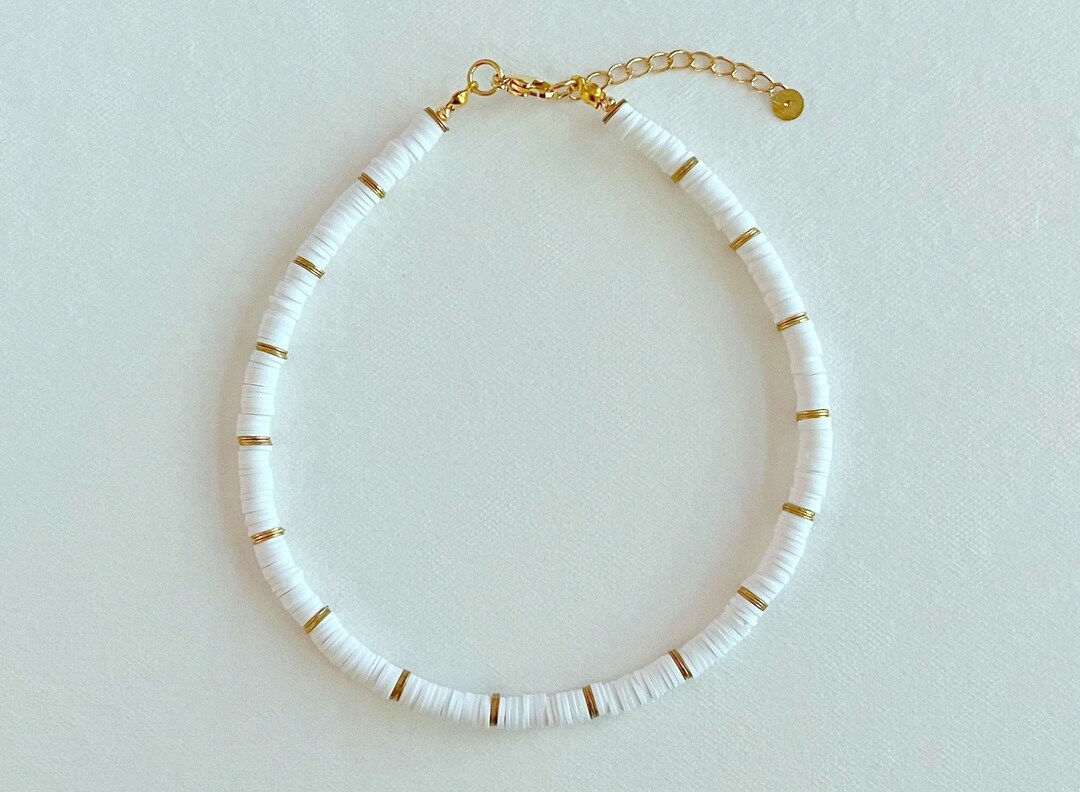 White & Gold Beaded Heishi Necklace Boho Clay Polymer Bead Choker