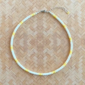 4mm Yellow & White Beaded Heishi Necklace | Clay polymer disk Jewelry | Bohemian surf style beaded necklace | Choker Necklace | Gift for her