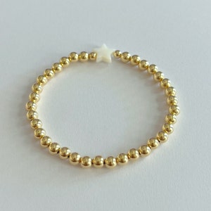 14k Gold Filled Mother of Pearl Star Beaded Bracelet | Gold round bead mother of pearl Star bead bracelet, handmade Gold filled jewelry