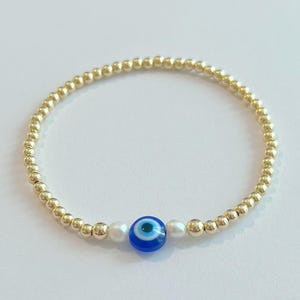 3mm 14k Gold Filled Beaded Evil Eye Stretch Bracelet | Seamless round ball gold filled elastic stacking bracelet, dainty jewelry, gift