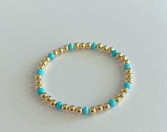 Gold Filled Bead & Turquoise Howlite Beaded Stretch Bracelet | Turquoise and gold elastic stacking bracelet | dainty gemstone gift jewelry