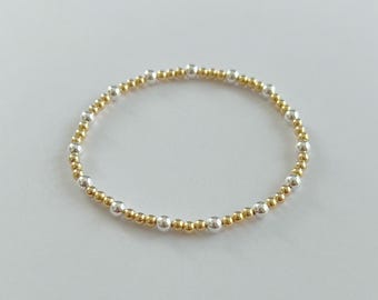 4mm und 3mm gemischte Metalle Sterling Silber und Gold gefüllt runde Perlen Stretch Armband | Sterling Silber und Gold filled Armband