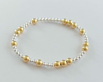 Pulsera minimalista de cuentas de plata de ley y oro relleno / Apilable y elástica