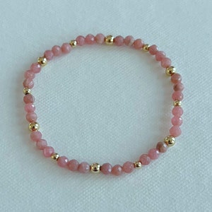 Argentina Rhodochrosite & Gold Filled Beaded Stretch Bracelet | 4mm Natural Gemstone Rhodochrosite stone elastic jewelry, semi precious
