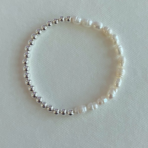Sterling Silver & Freshwater Pearl Beaded Bracelet | half Pearl half sterling silver bead bracelet, 925 silver bead bracelet, genuine Pearls