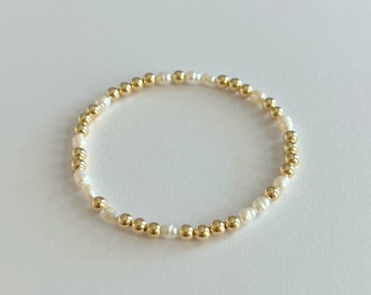 14k Gold Filled & Freshwater Pearl Beaded Stretch Bracelet | 4mm Round gold bead and freshwater pearl elastic stacking bracelet, gift