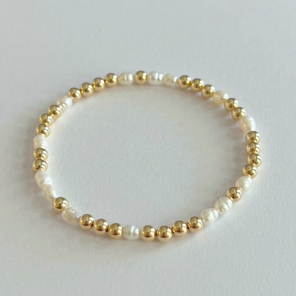 14k Gold Filled & Freshwater Pearl Beaded Stretch Bracelet | 4mm Round gold bead and freshwater pearl elastic stacking bracelet, gift