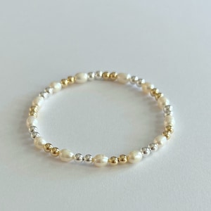 14k Gold Filled, Sterling Silber Perle & Süßwasserperle Perlen Stretch Armband | Gold, Silber und Süßwasserperle Armband