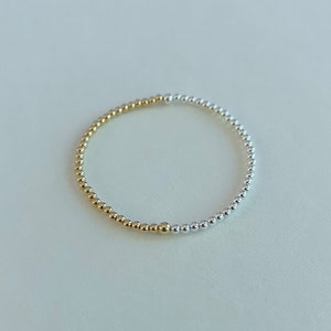 3mm Half Sterling Silver Half Gold Filled Round Bead Stretch Bracelet | 925 sterling silver and 14k gold filled elastic stacking bracelet