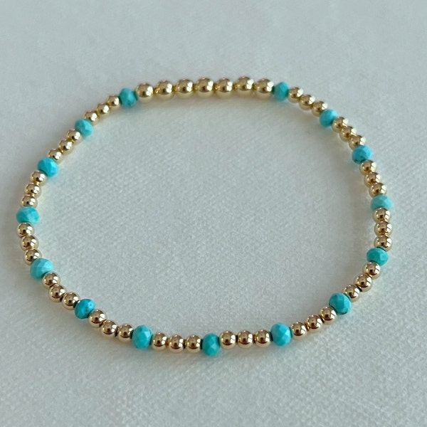 Gold Filled Bead & Turquoise Howlite Beaded Stretch Bracelet | Turquoise and gold elastic stacking bracelet | dainty gemstone giftjewelry