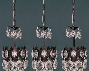 Matching Set of Three Antique / Vintage Brass & Crystals Small Chandeliers (1-Light Each)