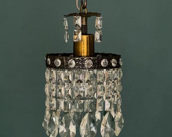 Antique / Vintage Small Brass & Crystal Mini Chandelier (1-Light)