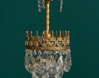 Antique / Vintage Small Brass & Crystal Mini Chandelier (1-Light)