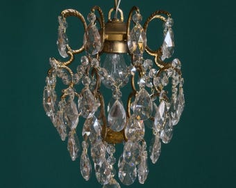 Antiker/Vintage Kronleuchter im Käfigstil aus Messing und Kristallen, klein, gotisch (1-flammig)