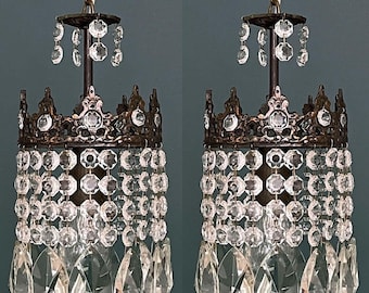 Matching Pair of Antique / Vintage Small Brass & Crystal Mini Chandelier (1-Light Each)
