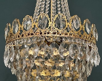 Antique / Vintage Large French Empire Brass & Crystal 6 Tiered Chandelier (5-Light)
