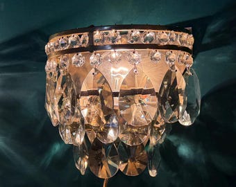 Matching Pair of Antique / Vintage Brass & Crystal Wall Sconces (1-Light Each)