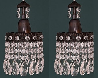 atching Pair of Antique / Vintage Small Brass & Crystal Mini Chandelier (1-Light Each)