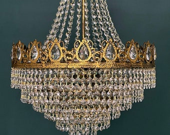 Antique / Vintage Brass & Crystals 6 tiered 6 Lights Large French Empire Chandelier  , Ceiling Lamp  1960’s USA Duty Free !!!