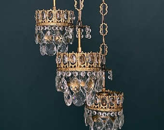 Antique / Vintage Brass & Crystals Triple Chandelier Ceiling Lamp 1960’s USA Duty Free !!!
